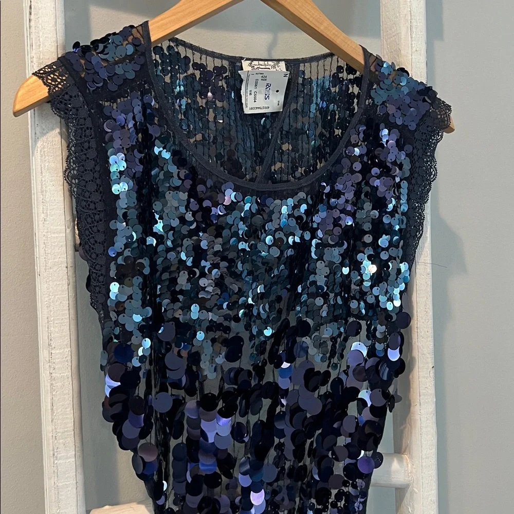 Free people Melrose sequin n lace nwt holiday backless midnight blue bodysuit M - Picture 8 of 14